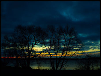 Silhouette of bare trees against cloudy sky