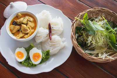 High angle view of food served on table