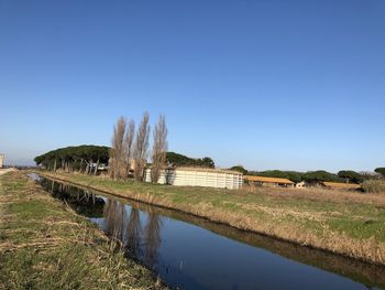 Scenic view of lake against clear blue sky