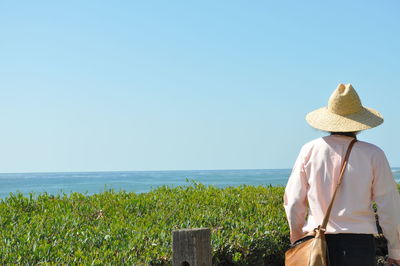 Rear view of man enjoying sea view against clear sky