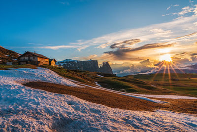 Panoramic view of mount sciliar from alpe di siusi in the dolomites in south tyrol, italy.