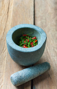 High angle view of vegetables in bowl on table