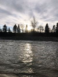 Silhouette trees by lake against sky during sunset