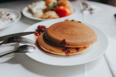 High angle view of breakfast served on table