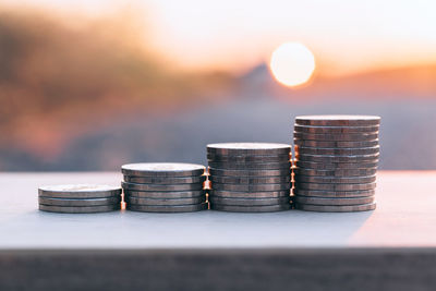 Close-up of a stack on table