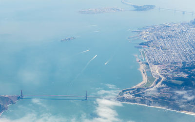 Aerial view of sea against blue sky