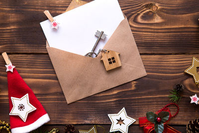 High angle view of christmas decorations on table