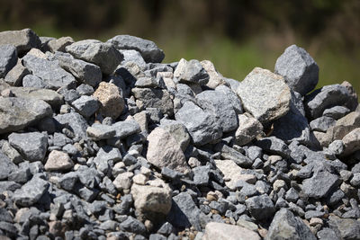 Small gravel rocks stacked at the edge of a forest
