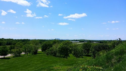 Scenic view of grassy field against sky