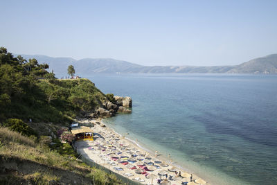 High angle view of beach against clear sky