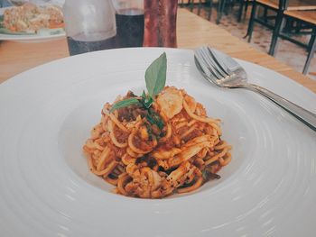High angle view of food in plate on table