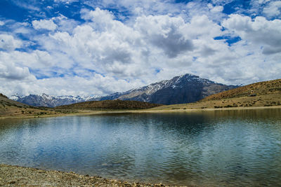 Scenic view of lake by mountains against sky