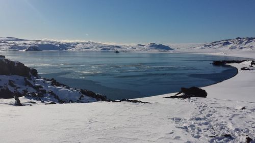 Scenic view of lake against clear sky during winter