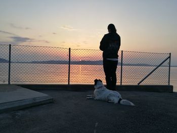 Rear view of man with dog standing against sky during sunset