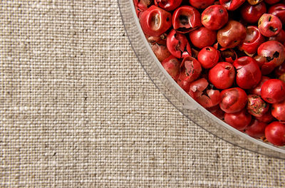 High angle view of strawberries in container