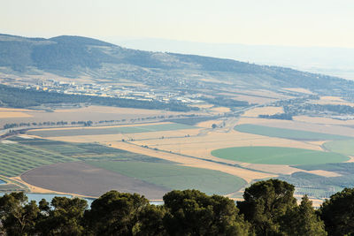 Aerial view of agricultural field against clear sky