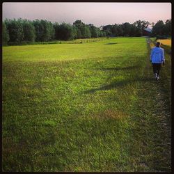 People walking on grassy field