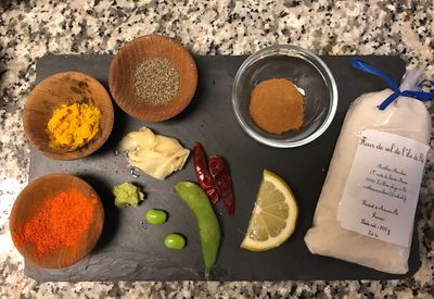 High angle view of food on table