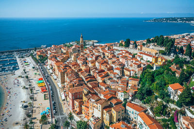 Aerial view of townscape against sky