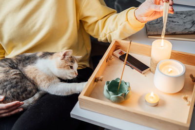 Mental health, mindfulness, wellbeing. faceless portrait of relaxed young woman with cat sitting