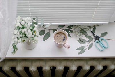 High angle view of coffee on table