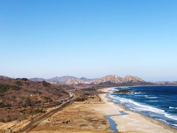 Scenic view of sea against clear blue sky