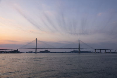 View of suspension bridge at sunset