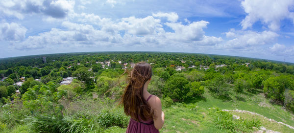 Rear view of woman looking at landscape against sky