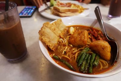 High angle view of meal served on table