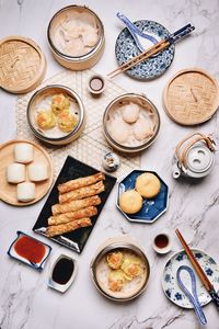 High angle view of breakfast on table