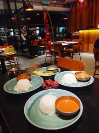 High angle view of food served on table