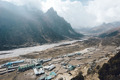 High angle view of mountains against sky