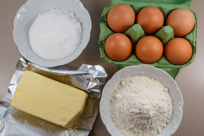 High angle view of eggs in container