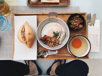 High angle view of breakfast on table