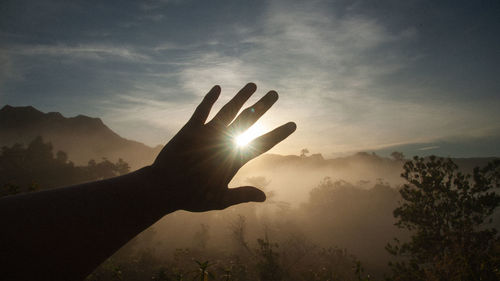 Silhouette hand against sky during sunset