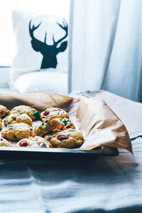 Close-up of cookies in tray on table