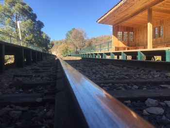 Railroad tracks by trees against sky