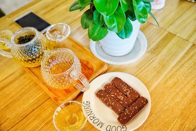 High angle view of breakfast on table