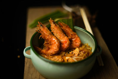 High angle view of seafood in plate on table