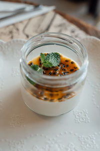 High angle view of drink in jar on table