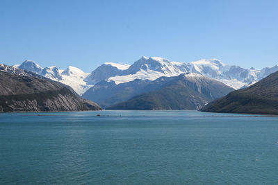 Scenic view of snowcapped mountains and sea against sky