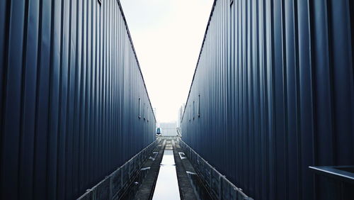 Cargo container at dock against clear sky