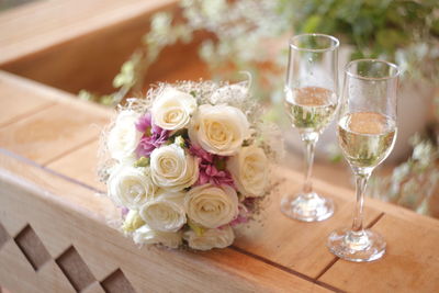 High angle view of wine glasses on table