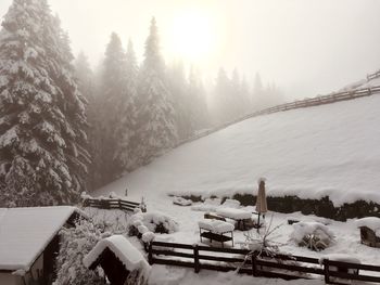 Scenic view of snow covered land against sky