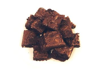 Close-up of chocolate cake on plate against white background