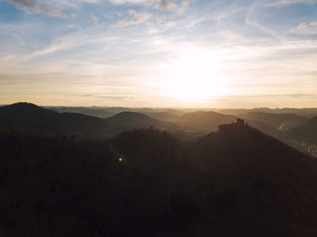 Scenic view of silhouette mountains against sky at sunset