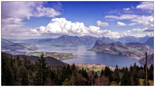 Panoramic view of lake and mountains against sky
