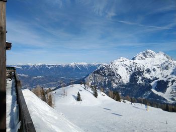 Snow covered landscape against sky