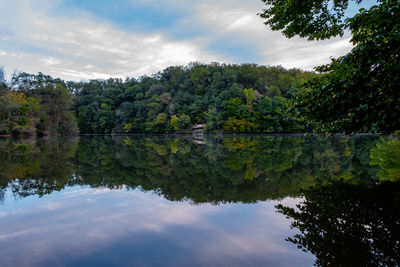 Scenic view of lake by trees against sky