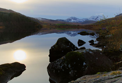 Scenic view of lake against sky during sunset